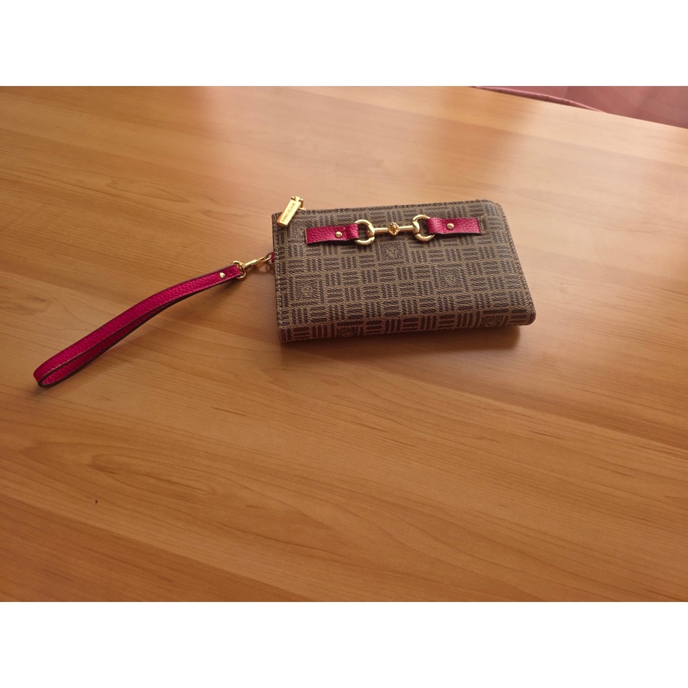 Anne Klein Monogram Wristlet Wallet Brown Pink Gold Horsebit Bifold